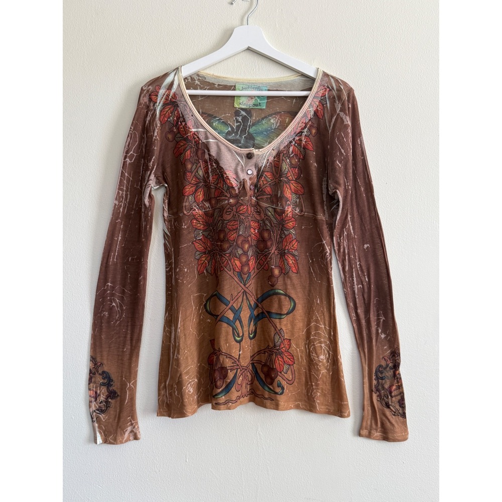 Vintage Butterfly Dropout Brown Graphic Henley Long Sleeve Top Size L Y2K  Fairy